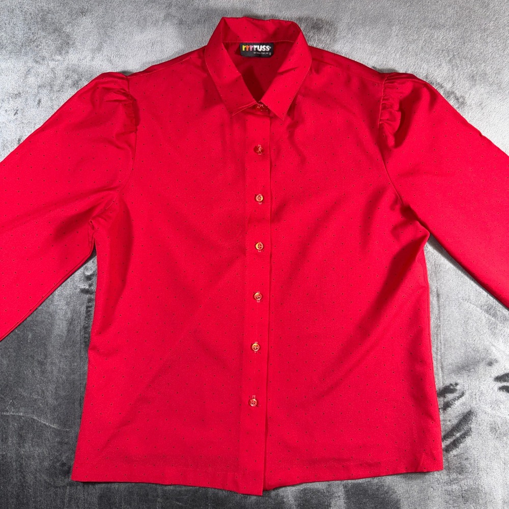 Vintage Russ Red Polka Dot Blouse Long Sleeve Button Up ILGWU Union Made USA